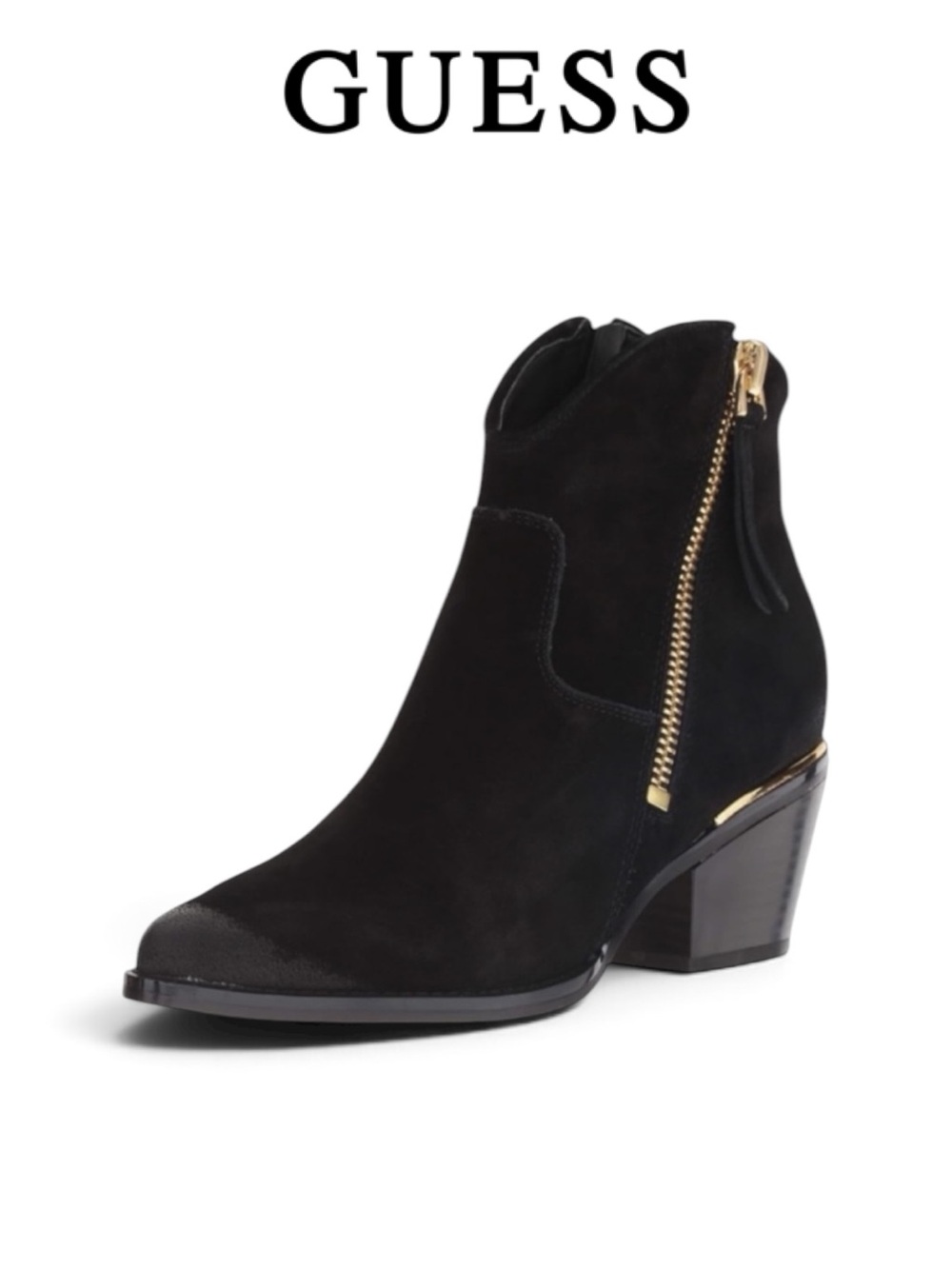 GUESS BLACK NALONEY BLACK SUEDE WESTERN ANKLE HEELED BOOTS GOLD ZIPPER SIZE 9
